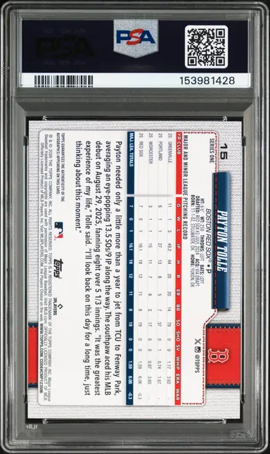 2026 TOPPS PAYTON TOLLE AUTOGRAPH-1952 VARIATION #15 PSA10 / ペイトントール サムネイル 2