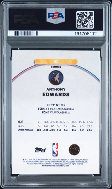 2025 FINEST ANTHONY EDWARD SOIL SPILL REFRACTOR #63 PSA9 / アンソニー・エドワーズ サムネイル 2