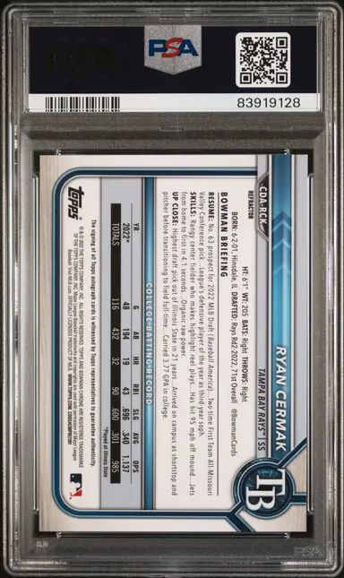 2022 BOWMAN DRAFT CHROME DRAFT PICK RYAN CERMAK CHROME DP AUTO-REFRACTOR #CDARCK PSA4 / ライアン サーマック サムネイル 2