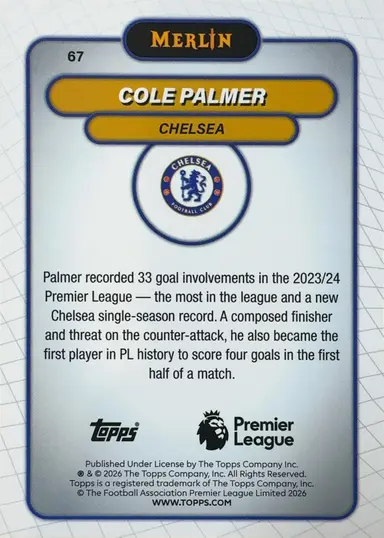 2026 TOPPS MERLIN PREMIER LEAGUE COLE PALMER #67 VHS REFRACTOR / コールパーマー サムネイル 2