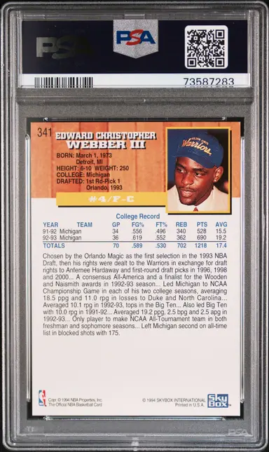 1993 HOOPS  CHRIS WEBBER #341 PSA8.5 サムネイル 2