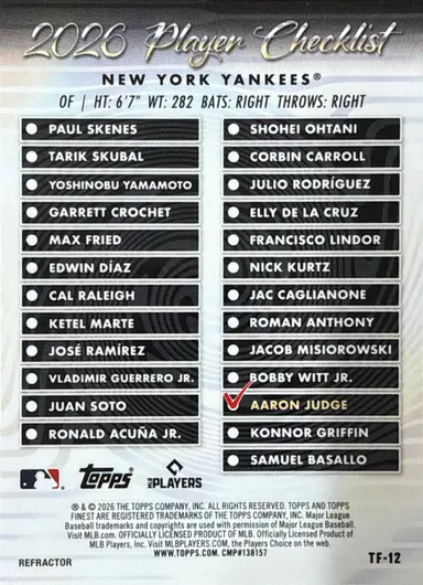 2026 TOPPS FINEST AARON JUDGE TF-12 REF / アーロン・ジャッジ サムネイル 2