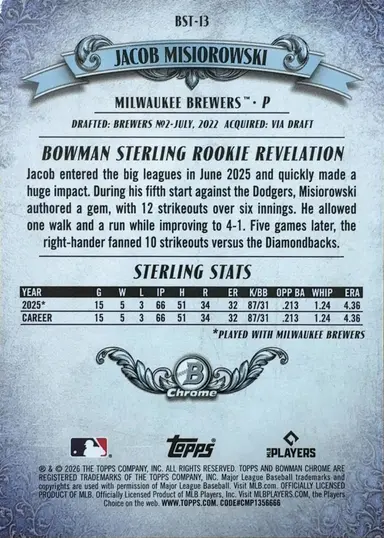 2026 BOWMAN CHROME JACOB MISIOROWSKI BST-13 MOJO REFRACTOR / ジェイコブ・ミジオロウスキー thumbnail 2