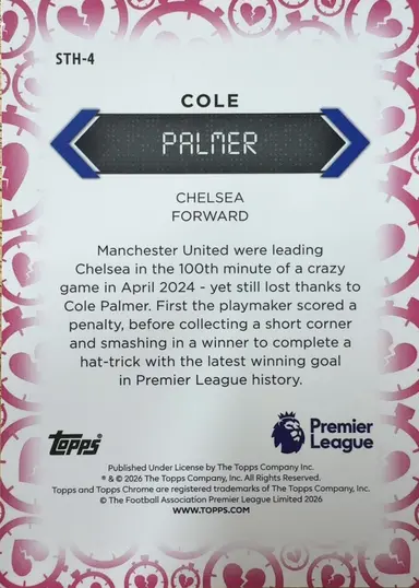 2026 TOPPS CHROME EPL COLE PALMER STOPPAGE TIME HEARTBREAKER #STH-4 / コールパーマー サムネイル 2