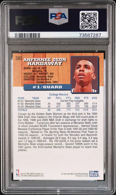 1993 HOOPS  ANFERNEE HARDAWAY #380 PSA9 サムネイル 2