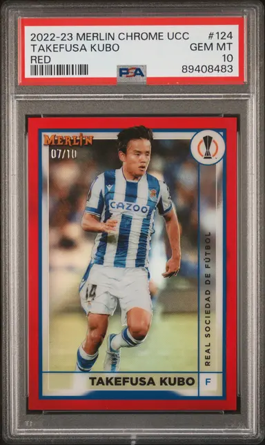2022-23 TOPPS MERLIN CHROME UCC TAKEFUSA KUBO RED REFRACTOR #124 PSA10 07/10 / 久保建英 サムネイル 1