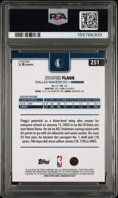 2025 TOPPS CHROME COOPER FLAGG #251 PSA10 / クーパーフラッグ サムネイル 2