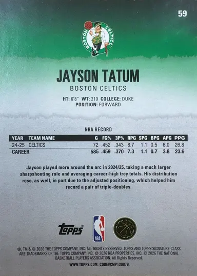 2026 TOPPS SIGNATURE JAYSON TATUM #59 / ジェイソンテイタム thumbnail 2