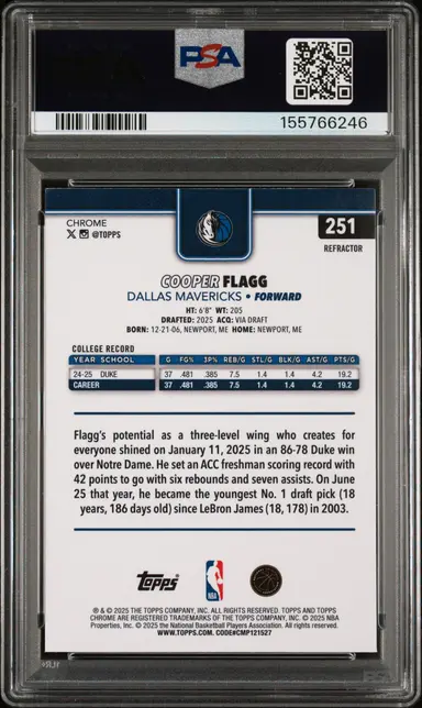 2025 TOPPS CHROME COOPER FLAGG REFRACTOR #251 PSA9 / クーパーフラッグ サムネイル 2