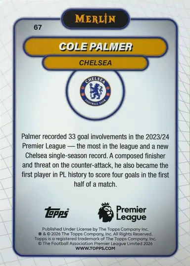 2026 TOPPS MERLIN PREMIER LEAGUE COLE PALMER #67 RAYWAVE REFRACTOR / コールパーマー thumbnail 2