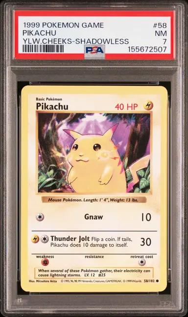 1999 POKEMON GAME PIKACHU YLW.CHEEKS-SHADOWLESS #58 PSA7 /ピカチュウ 缩略图 1
