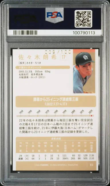 2024 BBM FUSION ROKI SASAKI GOLD FOIL FACSIMILE #63 PSA10 / 佐々木朗希 サムネイル 2