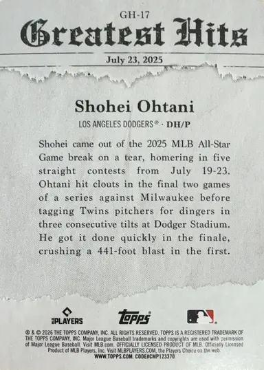 2026 TOPPS SERIES 1 SHOHEI OHTANI #GH-17 GREATEST HITS thumbnail 2