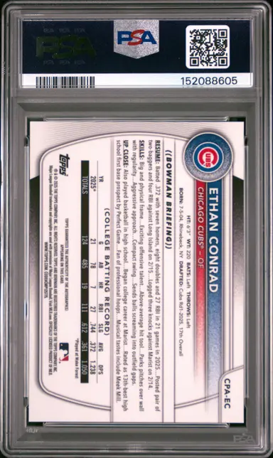 2025 BOWMAN DRAFT ETHAN CONRAD CHROME PROSPECT AUTOGRAPHS #CPA-EC PSA10 サムネイル 2