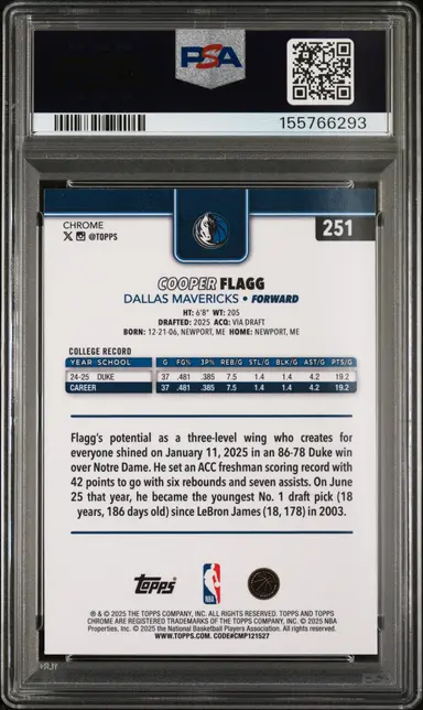 2025 TOPPS CHROME COOPER FLAGG #251 PSA10 / クーパーフラッグ サムネイル 2