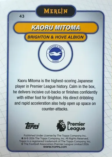 2026 TOPPS MERLIN PREMIER LEAGUE KAORU MITOMA #43 RAYWAVE REFRACTOR / 三笘薫 サムネイル 2
