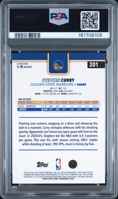 2025 TOPPS CHOROME STEPHEN CURRY #201 PSA9 / ステフィン・カリー サムネイル 2