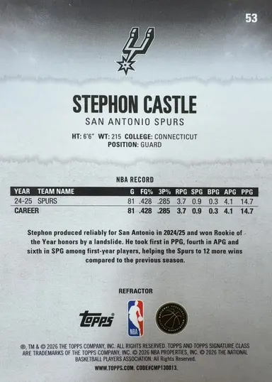 2026 TOPPS SIGNATURE STEPHON CASTLE REFRACTOR #53 / ステフォン・キャッスル リフラクター thumbnail 2