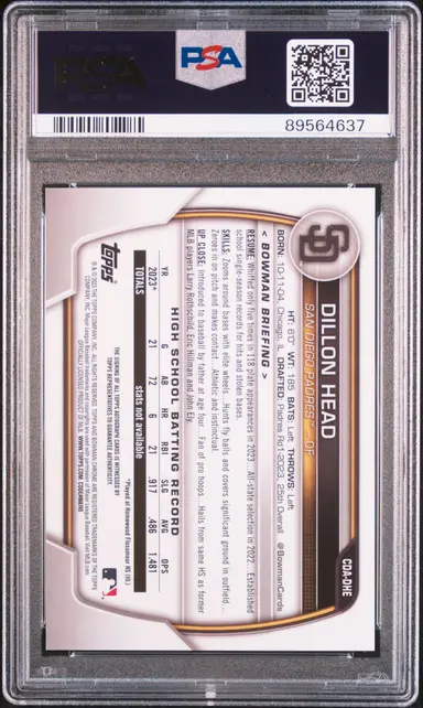2023 BOWMAN DRAFT CHROME PROSPECT AUTOGRAPH DILLON HEAD #CDADHE PSA10 / ディロン ヘッド サムネイル 2