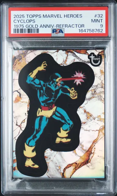 2025 TOPPS MARVEL COMIC BOOK HEROES CYCLOPS 1975 GOLD ANNIV-REFRACTOR #32 PSA9 サムネイル 1