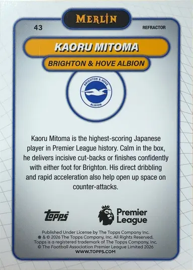 2026 TOPPS MERLIN PREMIER LEAGUE KAORU MITOMA #43 REFRACTOR / 三笘薫 缩略图 2