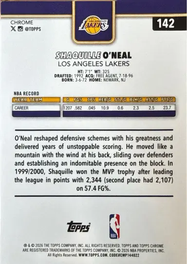 2026 TOPPS CHROME SHAQUILLE O'NEIL BASE CARD #142 / シャキールオニール サムネイル 2