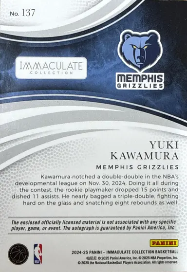 2024-25 IMMACULATE YUKI KAWAMURA #137 AUTO /99 / 河村勇輝 サムネイル 2