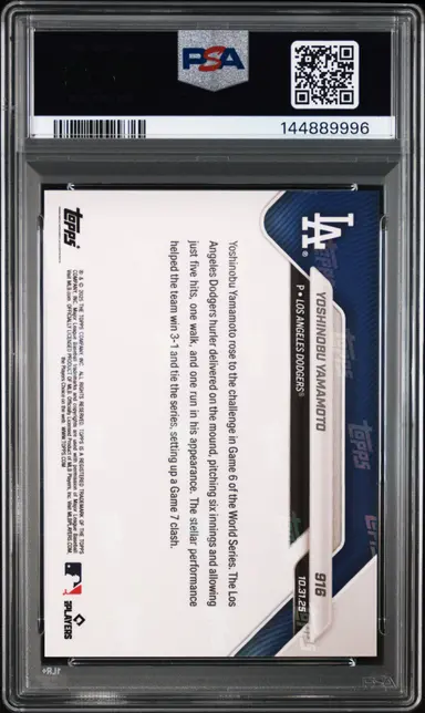 2025 TOPPS NOW YOSHINOBU YAMAMOTO #916  PSA10 / 山本由伸 サムネイル 2
