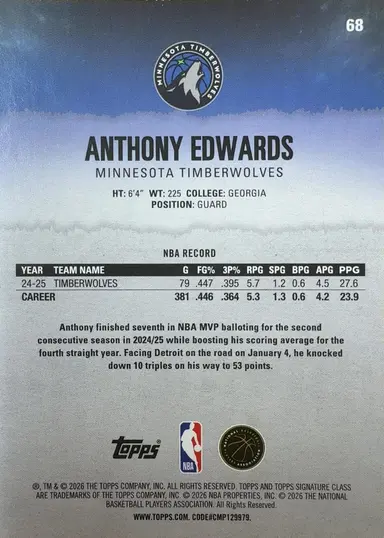2026 TOPPS SIGNATURE ANTHONY EDWARDS #68 / アンソニー・エドワーズ thumbnail 2