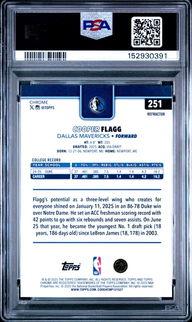 2025 TOPPS CHROME COOPER FLAGG REFRACTOR #251 PSA9 / クーパーフラッグ サムネイル 2