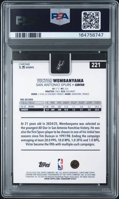 2025 TOPPS CHROME VICTOR WEMBANYAMA #221 PSA8 / ビクターウェンバンヤマ サムネイル 2