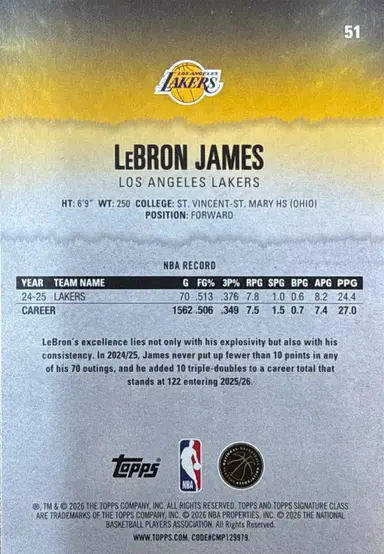 2026 TOPPS SIGNATURE LEBRON JAMES #51 / レブロンジェームズ thumbnail 2