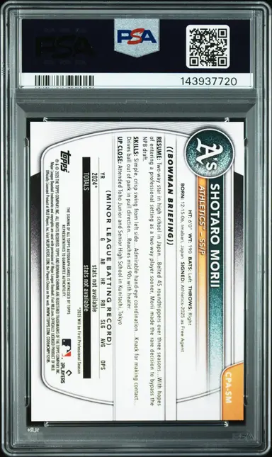 2025 BOWMAN CHROME PROSPECT AUTOGRAPHS SHOTARO MORII #CPASM PSA10 / 森井 翔太郎 サムネイル 2