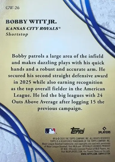 2026 TOPPS GLOVE WORK BOBBY WITT JR. GW-26 / ボビーウィットジュニア サムネイル 2