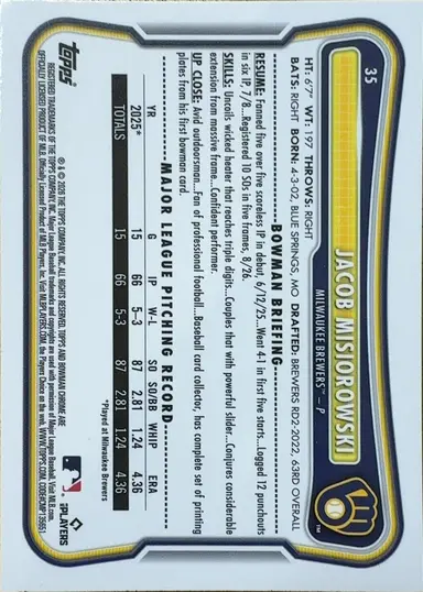 2026 BOWMAN CHROME JACOB MISIOROWSKI 35 MOJO REFRACTOR サムネイル 2
