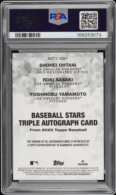 2025 TOPPS BASEBALL STARS TRIPLE AUTOGRAPHS OHTANI/YAMAMOTO/SASAKI #BST2OSY PSA10 / 大谷翔平 佐々木朗希 山本由伸 サムネイル 2