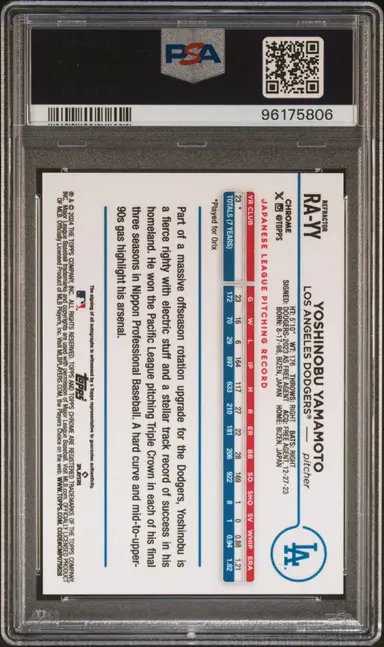2024 TOPPS CHROME  YOSHINOBU YAMAMOTO ROOKIE AUTO-REFRACTOR #RAYY PSA10 378/499 サムネイル 2